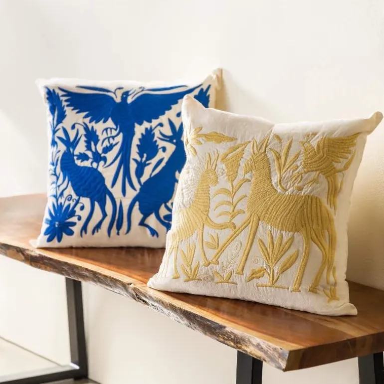 Otomi Mexican Embroidered Animal Stitched Pillow Cover, Blue Phoenix