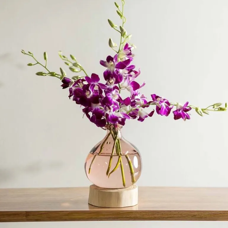 Pink 7" Balloon Vase with 5 Stems of Fresh Cut Orchids - Purple