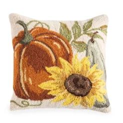 Pumpkin and Sunflower Hand-Hooked Pillow, 16" sq.