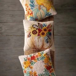 Pumpkin Wreath Hand-Hooked Wool Throw Pillow, 16" sq.