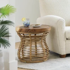 Rattan and Wood Side Table