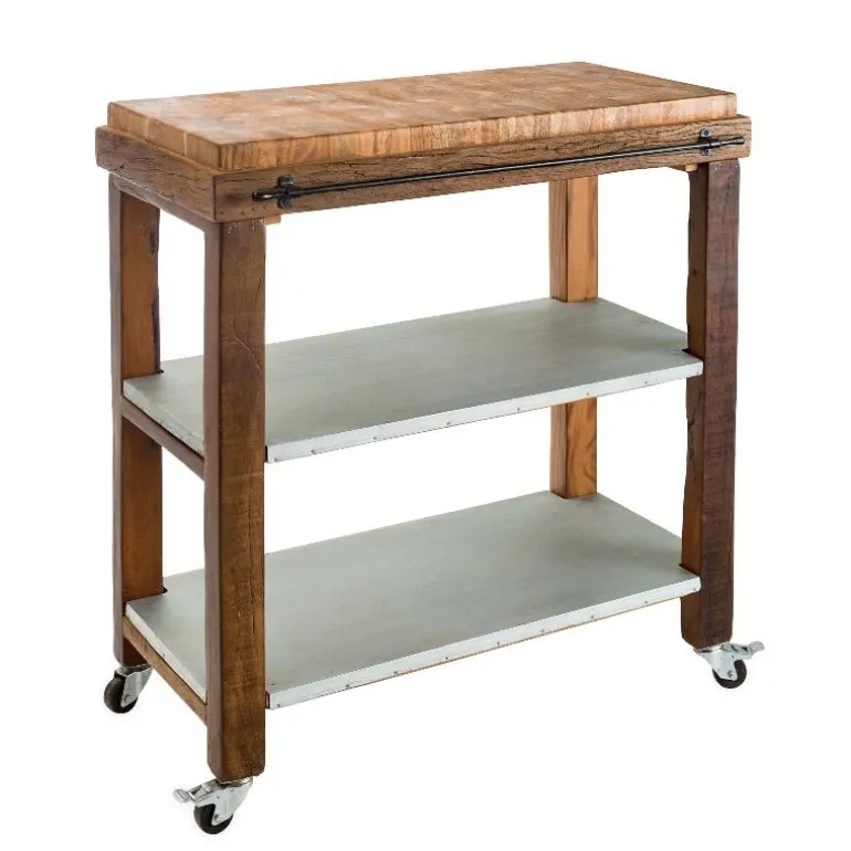 Reclaimed Rolling Butcher Block Kitchen Island with Storage