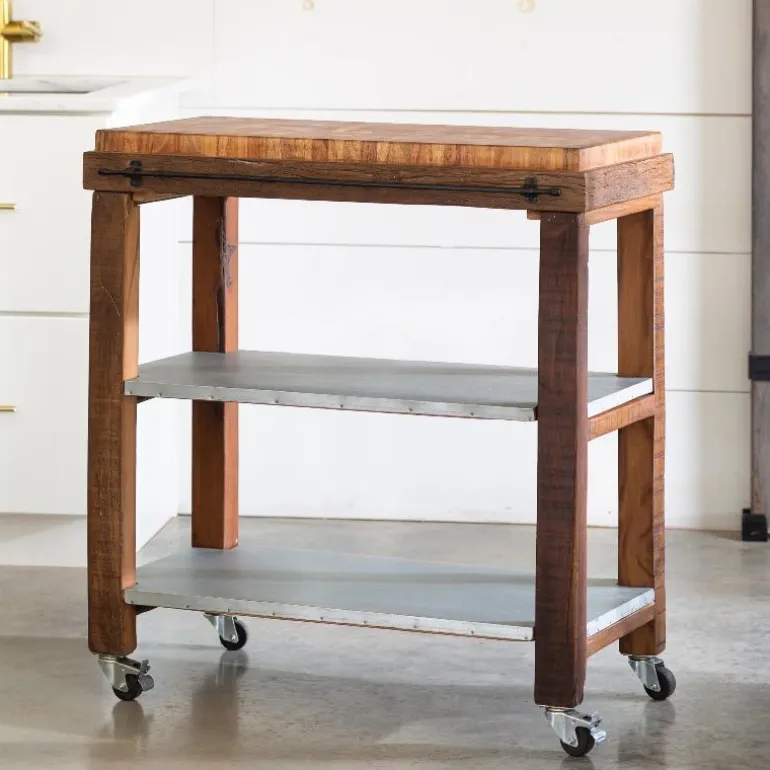 Reclaimed Rolling Butcher Block Kitchen Island with Storage