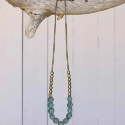 Recycled Sea Glass Beaded Brass Necklace (aqua)