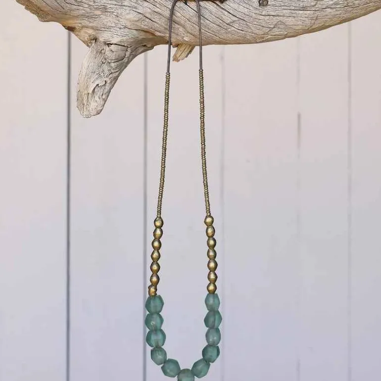 Recycled Sea Glass Beaded Brass Necklace (aqua)