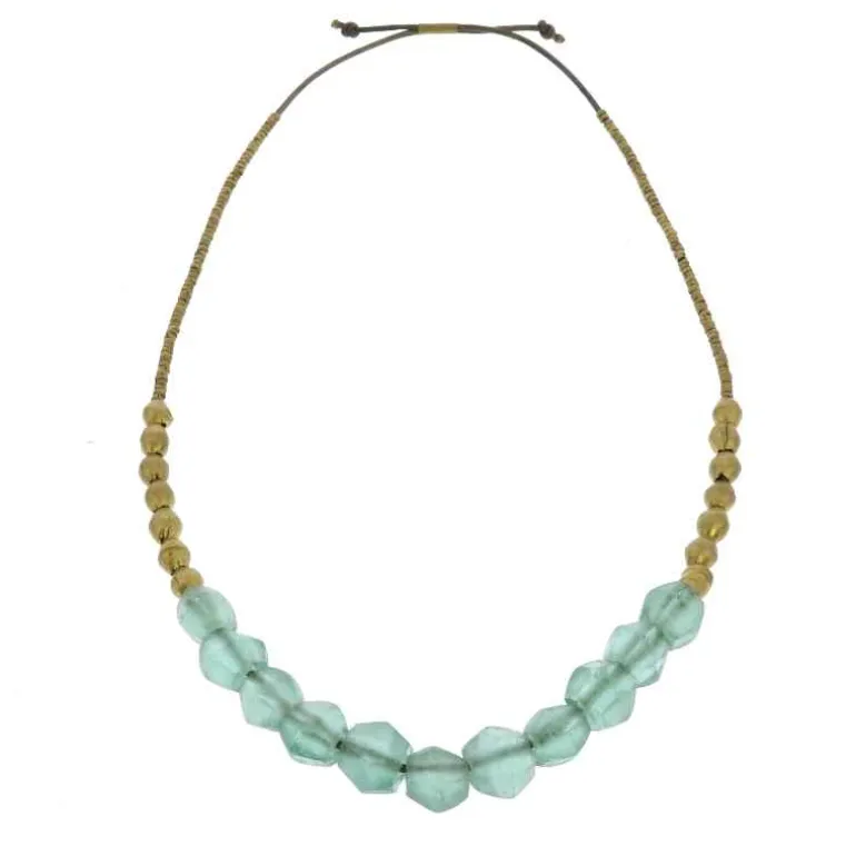 Recycled Sea Glass Beaded Brass Necklace (aqua)