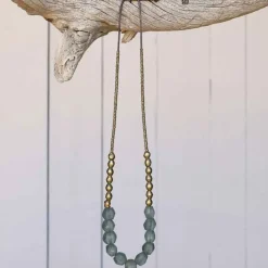 Recycled Sea Glass Beaded Brass Necklace (gray)