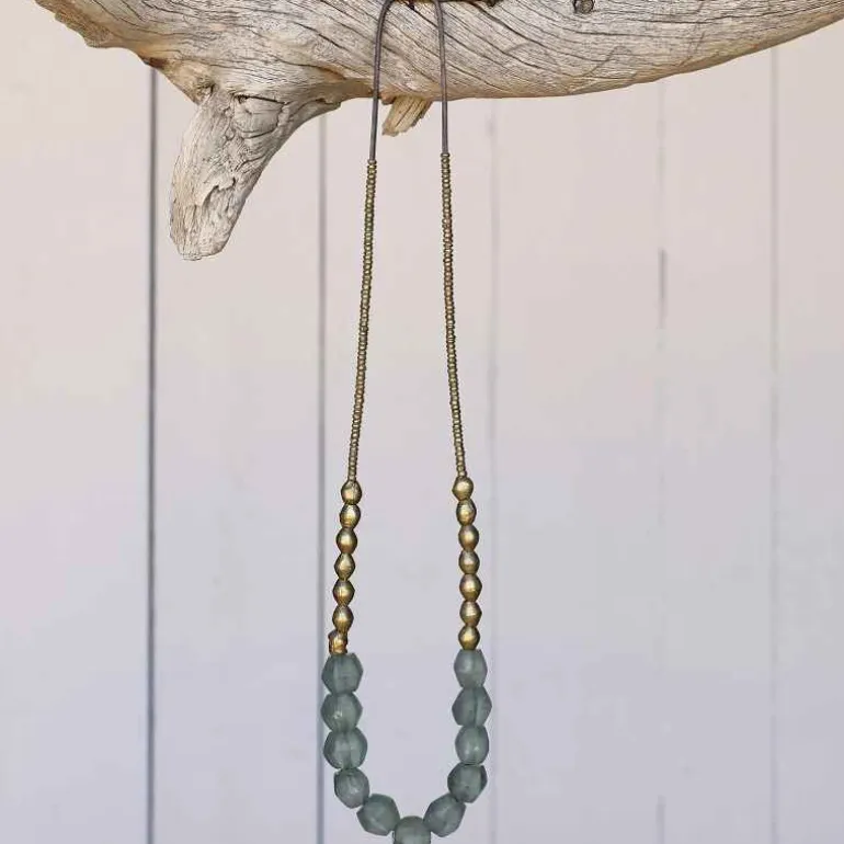 Recycled Sea Glass Beaded Brass Necklace (gray)