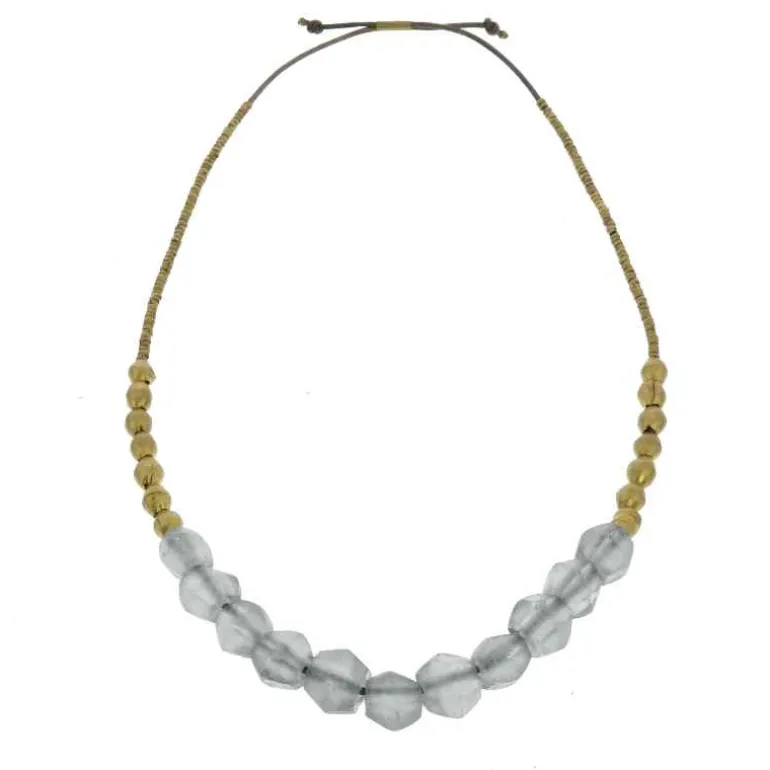Recycled Sea Glass Beaded Brass Necklace (gray)