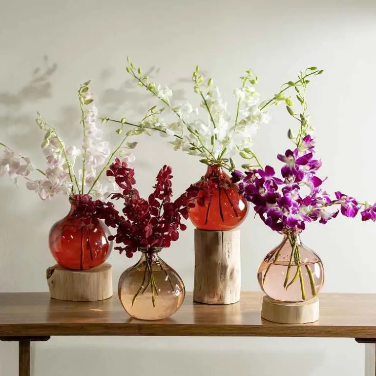 Red 7" Balloon Vase with 5 Stems of Fresh Cut Orchids - Purple