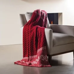 Red Merino Wool Jacquard Throw with Snowflake Pattern, 40" x 60"