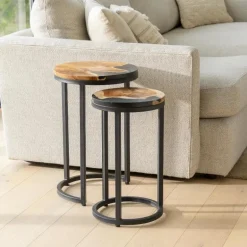 Round Wood Wave Nesting Tables, Set of 2