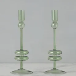 Sage Glass Candlestick Pair