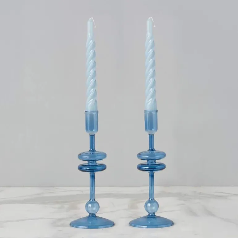 9" Sapphire Blue Glass Candlesticks, set of 2