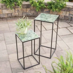 Set of 2 Green Herringbone Stone Mosaic Accent Stands