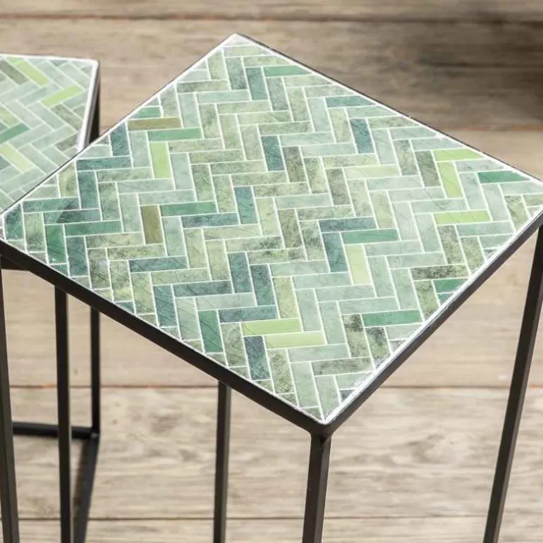Set of 2 Green Herringbone Stone Mosaic Accent Stands