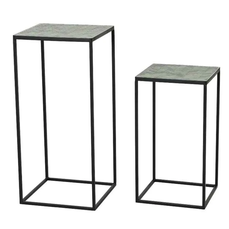 Set of 2 Green Herringbone Stone Mosaic Accent Stands