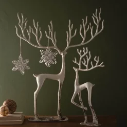 Set of 2 White Cast Iron Deer Sculptures