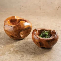 Small Distressed Round Teak Wood Vase