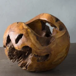 Small Distressed Round Teak Wood Vase