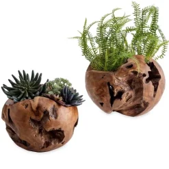 Small Distressed Round Teak Wood Vase