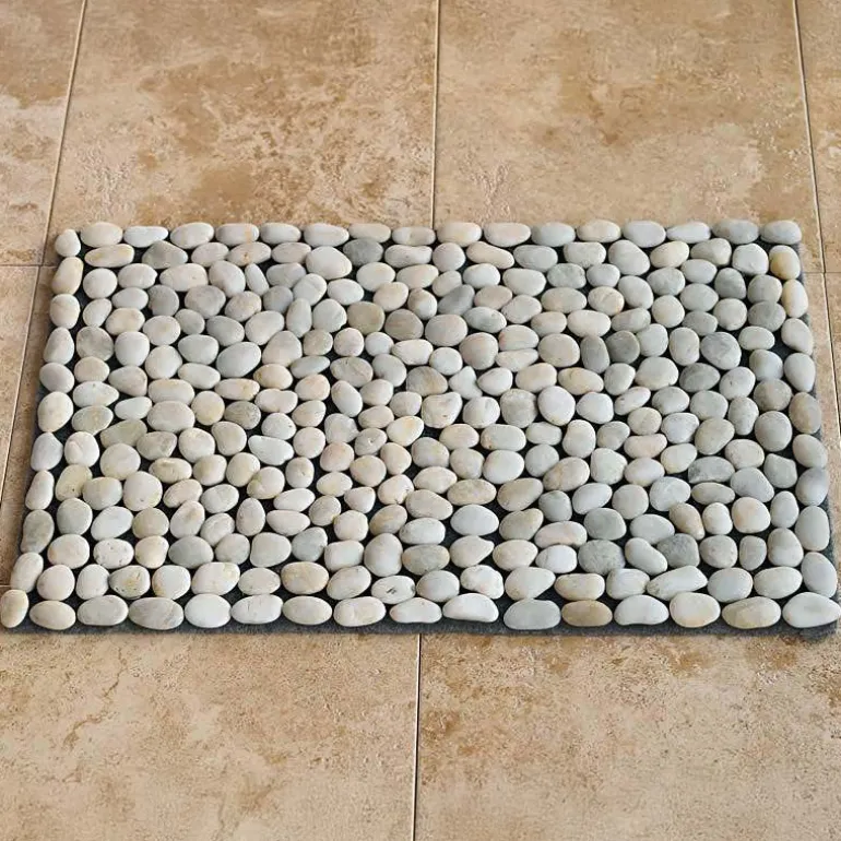 Smooth River Rock Stone Floor Mat, Indoor/ Outdoor - White