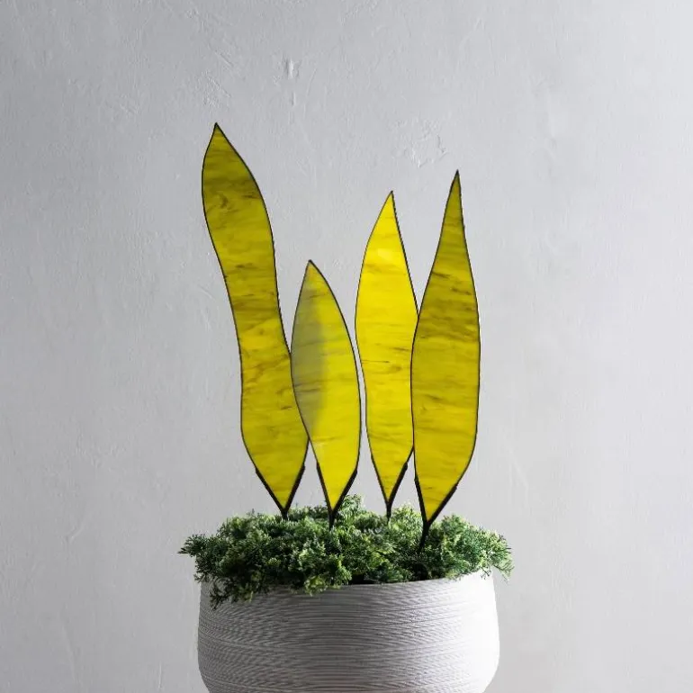 Stained Glass Leaf-Shaped Stakes - Snake Plant, set of 4