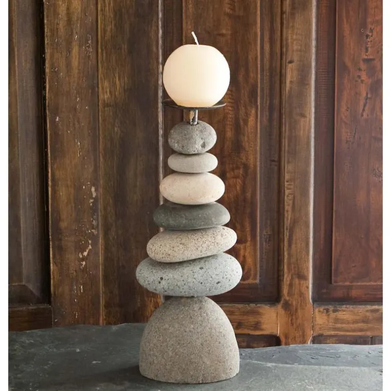 7-Stone Cairn Candle Holders, Set of 2