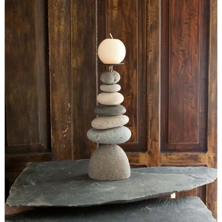 7-Stone Cairn Candle Holders, Set of 2