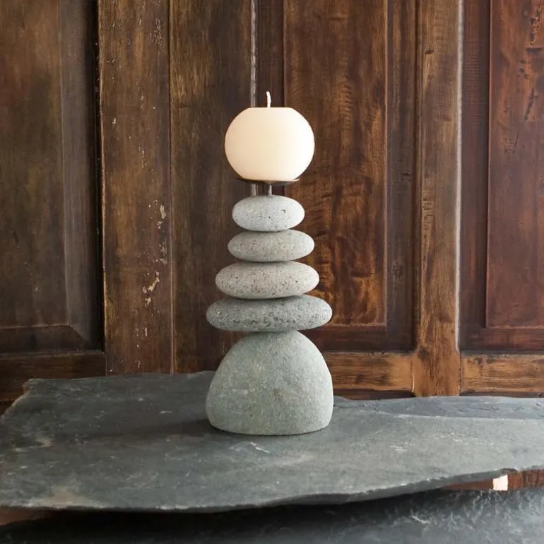 5-Stone Cairn Candle Holders, Set of 2