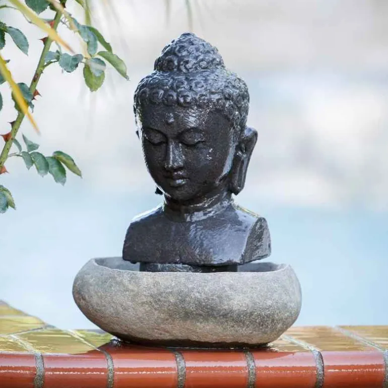 Stone Tabletop Buddha Head Fountain, 16"H