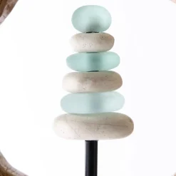 Teak Wood Encircled Glass and Rock Cairn Garden Stake