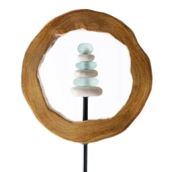 Teak Wood Encircled Glass and Rock Cairn Garden Stake