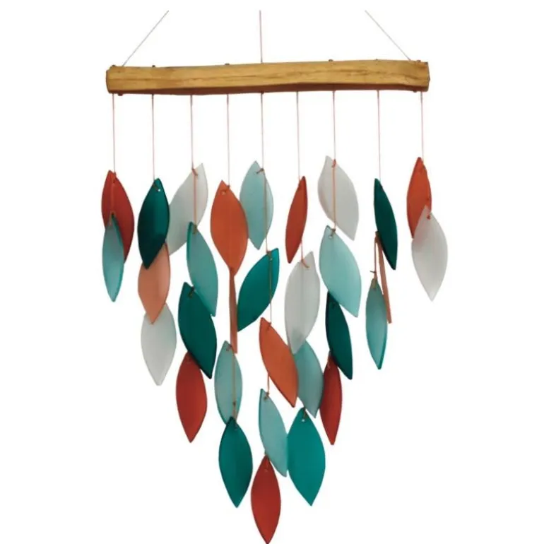 Teal Glass Leaves Wind Chime on Driftwood Chime
