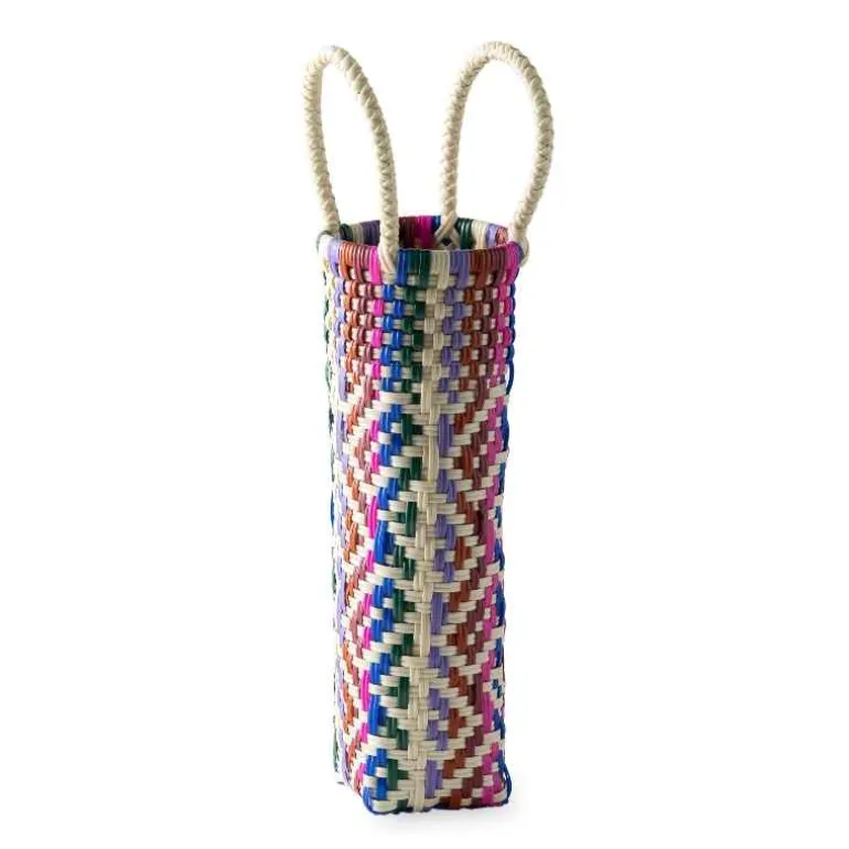 Woven Recycled Plastic Wine Tote - Multi Plaid