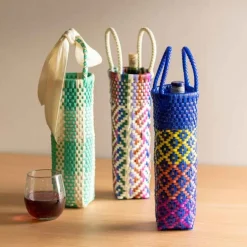 Woven Recycled Plastic Wine Tote - Multi Plaid