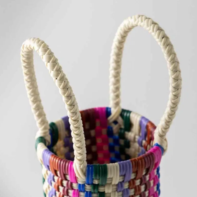 Woven Recycled Plastic Wine Tote - Multi Plaid