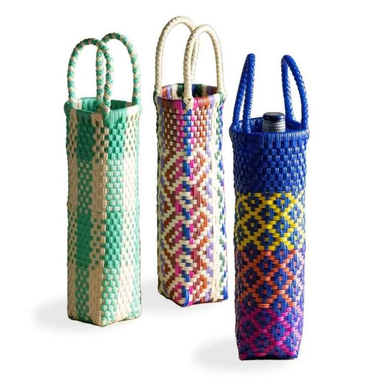 Woven Recycled Plastic Wine Tote - Multi Plaid